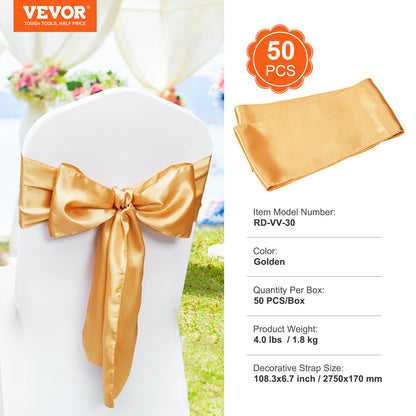 50 Stück goldene Stuhlschärpen mit Schleife aus Stretch-Spandex, Stuhlhussen und Stretch-Stuhlschärpen, elastische Stuhlschärpen, geeignet für Hochzeiten, Feiertage, Bankette, Partys, Feiern, Stuhldekoration