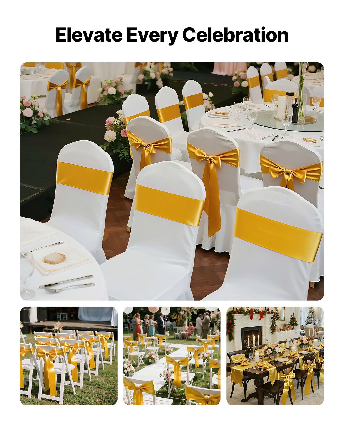 Satin Chair Sashes Bows, 50PCS Chair Ribbon Ties Back Sash, 7 x 108 inch, Gold Wedding Reception Decoration, for Wedding Ceremony Baby Shower Party Events Banquet Chair Cover Decoration