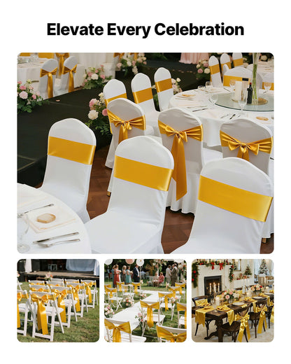 Satin Chair Sashes Bows, 50PCS Chair Ribbon Ties Back Sash, 7 x 108 inch, Gold Wedding Reception Decoration, for Wedding Ceremony Baby Shower Party Events Banquet Chair Cover Decoration