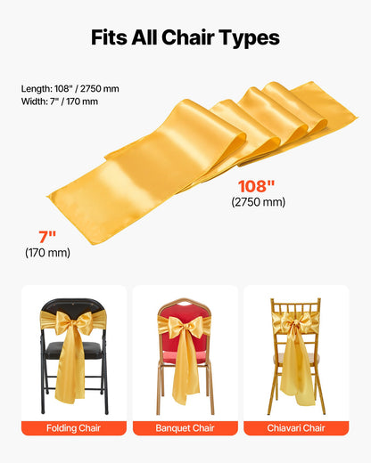 Satin Chair Sashes Bows, 50PCS Chair Ribbon Ties Back Sash, 7 x 108 inch, Gold Wedding Reception Decoration, for Wedding Ceremony Baby Shower Party Events Banquet Chair Cover Decoration