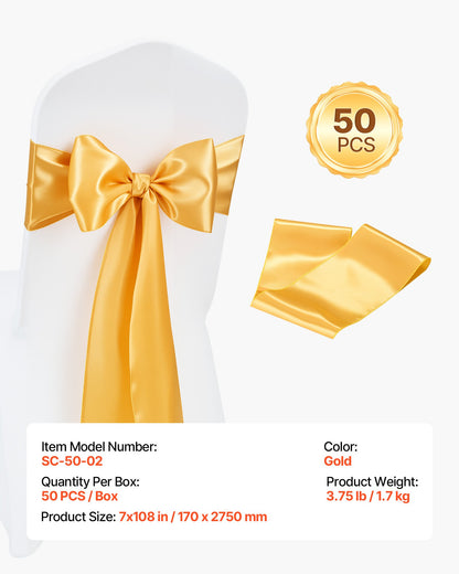 Satin Chair Sashes Bows, 50PCS Chair Ribbon Ties Back Sash, 7 x 108 inch, Gold Wedding Reception Decoration, for Wedding Ceremony Baby Shower Party Events Banquet Chair Cover Decoration