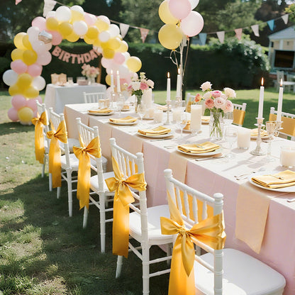 Satin Chair Sashes Bows, 50PCS Chair Ribbon Ties Back Sash, 7 x 108 inch, Gold Wedding Reception Decoration, for Wedding Ceremony Baby Shower Party Events Banquet Chair Cover Decoration