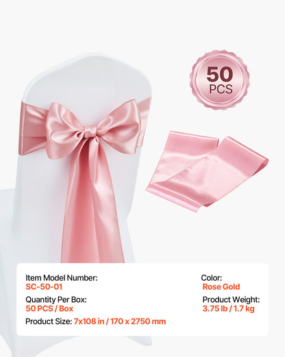 Satin Chair Sashes Bows, 50PCS Chair Ribbon Ties Back Sash, 7 x 108 inch, Rose Gold Wedding Reception Decoration, for Wedding Ceremony Baby Shower Party Events Banquet Chair Cover Decoration
