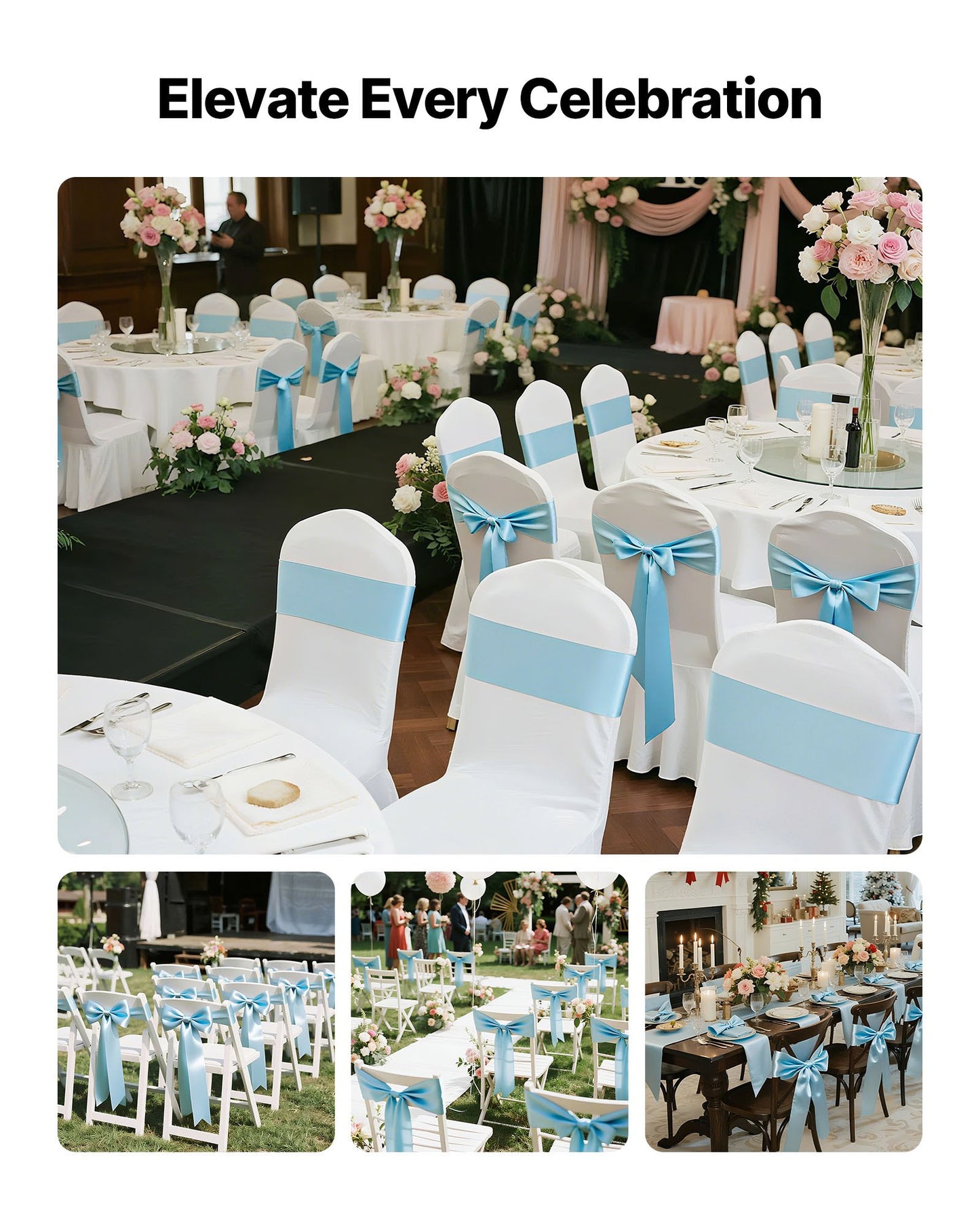 Satin Chair Sashes Bows, 100PCS Chair Ribbon Ties Back Sash, 7 x 108 inch, Light Blue Wedding Reception Decoration, for Wedding Ceremony Baby Shower Party Events Banquet Chair Cover Decoration