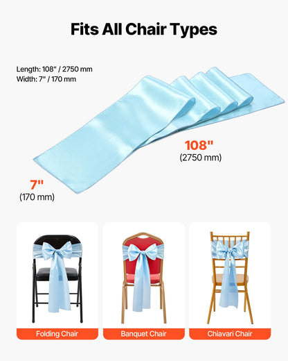 Satin Chair Sashes Bows, 100PCS Chair Ribbon Ties Back Sash, 7 x 108 inch, Light Blue Wedding Reception Decoration, for Wedding Ceremony Baby Shower Party Events Banquet Chair Cover Decoration