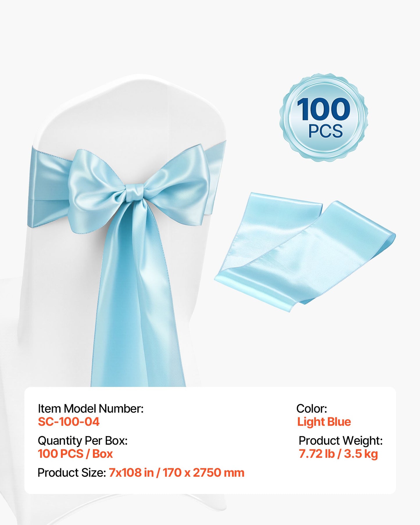 Satin Chair Sashes Bows, 100PCS Chair Ribbon Ties Back Sash, 7 x 108 inch, Light Blue Wedding Reception Decoration, for Wedding Ceremony Baby Shower Party Events Banquet Chair Cover Decoration
