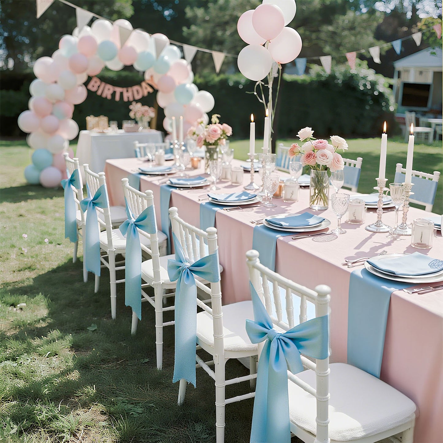 Satin Chair Sashes Bows, 100PCS Chair Ribbon Ties Back Sash, 7 x 108 inch, Light Blue Wedding Reception Decoration, for Wedding Ceremony Baby Shower Party Events Banquet Chair Cover Decoration