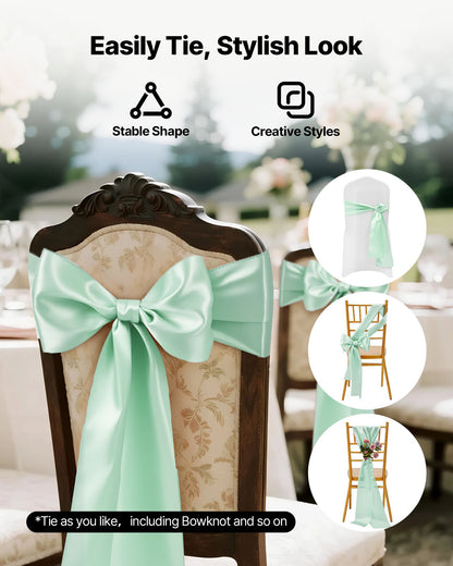 Satin Chair Sashes Bows, 100PCS Chair Ribbon Ties Back Sash, 7 x 108 inch, Light Green Wedding Reception Decoration, for Wedding Ceremony Baby Shower Party Events Banquet Chair Cover Decoration