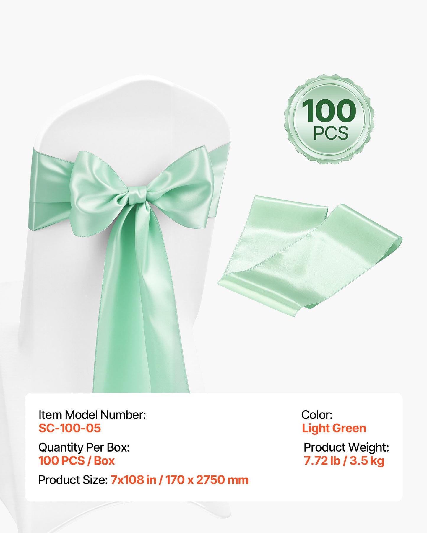 Satin Chair Sashes Bows, 100PCS Chair Ribbon Ties Back Sash, 7 x 108 inch, Light Green Wedding Reception Decoration, for Wedding Ceremony Baby Shower Party Events Banquet Chair Cover Decoration
