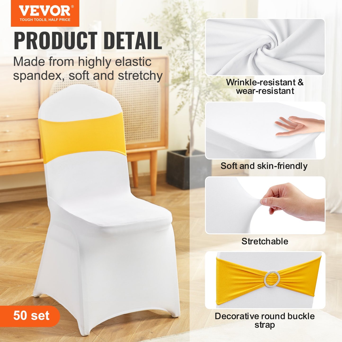 Stretch Spandex Folding Chair Covers, Universal Fitted Chair Cover with Chair Sashes, Removable Washable Protective Slipcovers, for Wedding, Holiday, Banquet, Party, Dining (50 Set Gold & White)