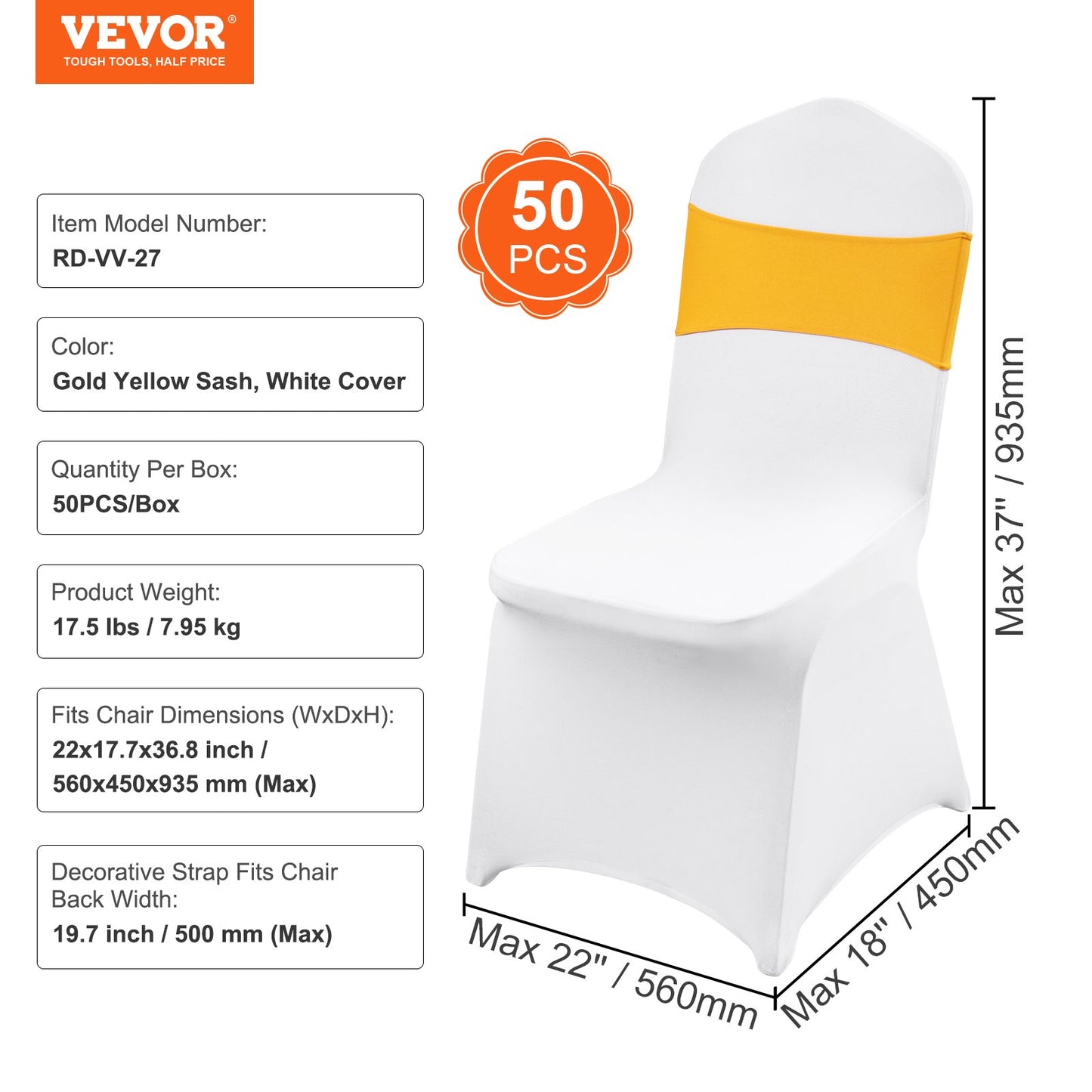 Stretch Spandex Folding Chair Covers, Universal Fitted Chair Cover with Chair Sashes, Removable Washable Protective Slipcovers, for Wedding, Holiday, Banquet, Party, Dining (50 Set Gold & White)