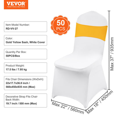Stretch Spandex Folding Chair Covers, Universal Fitted Chair Cover with Chair Sashes, Removable Washable Protective Slipcovers, for Wedding, Holiday, Banquet, Party, Dining (50 Set Gold & White)