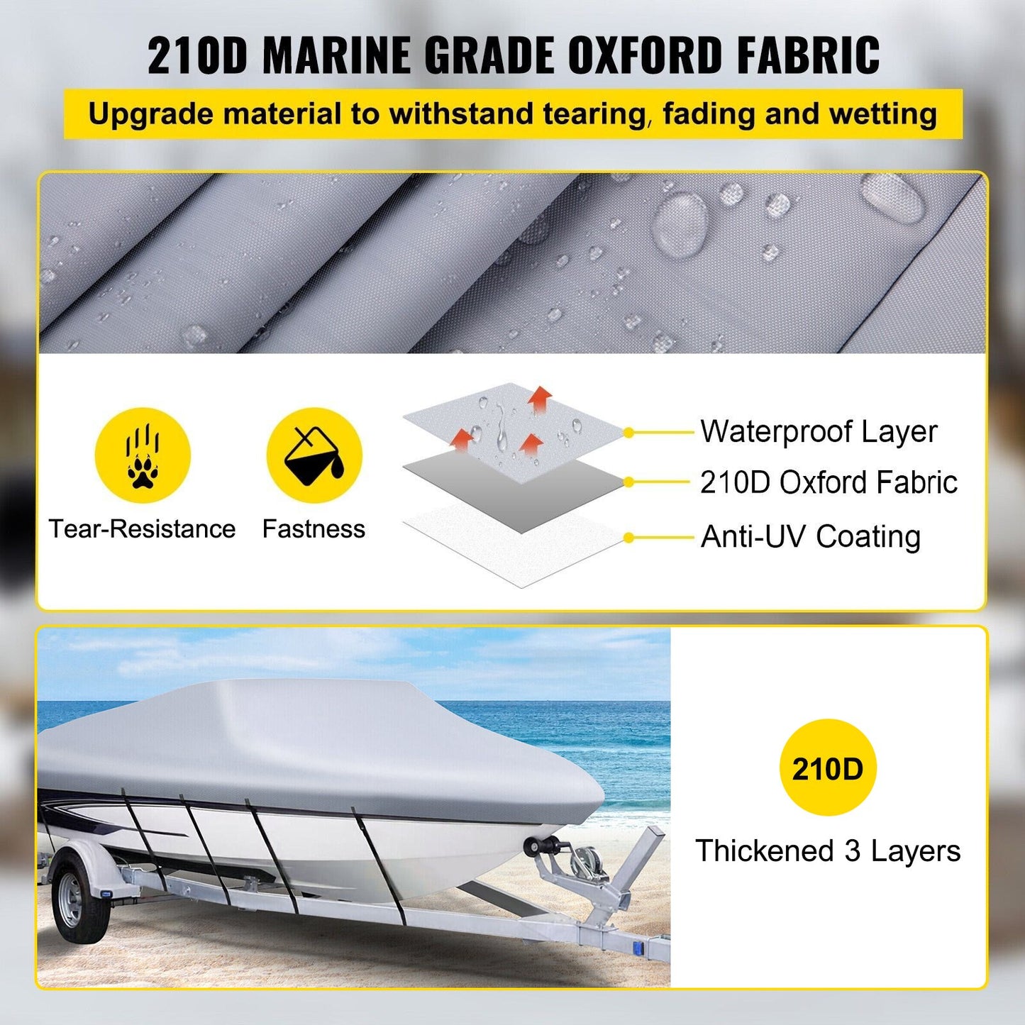 Waterproof Boat Cover, 16'-18.5' Trailerable Boat Cover, Beam Width up to 98" v Hull Cover Heavy Duty 600D Marine Grade Polyester Mooring Cover for Fits V-Hull Boat with 5 Tightening Straps