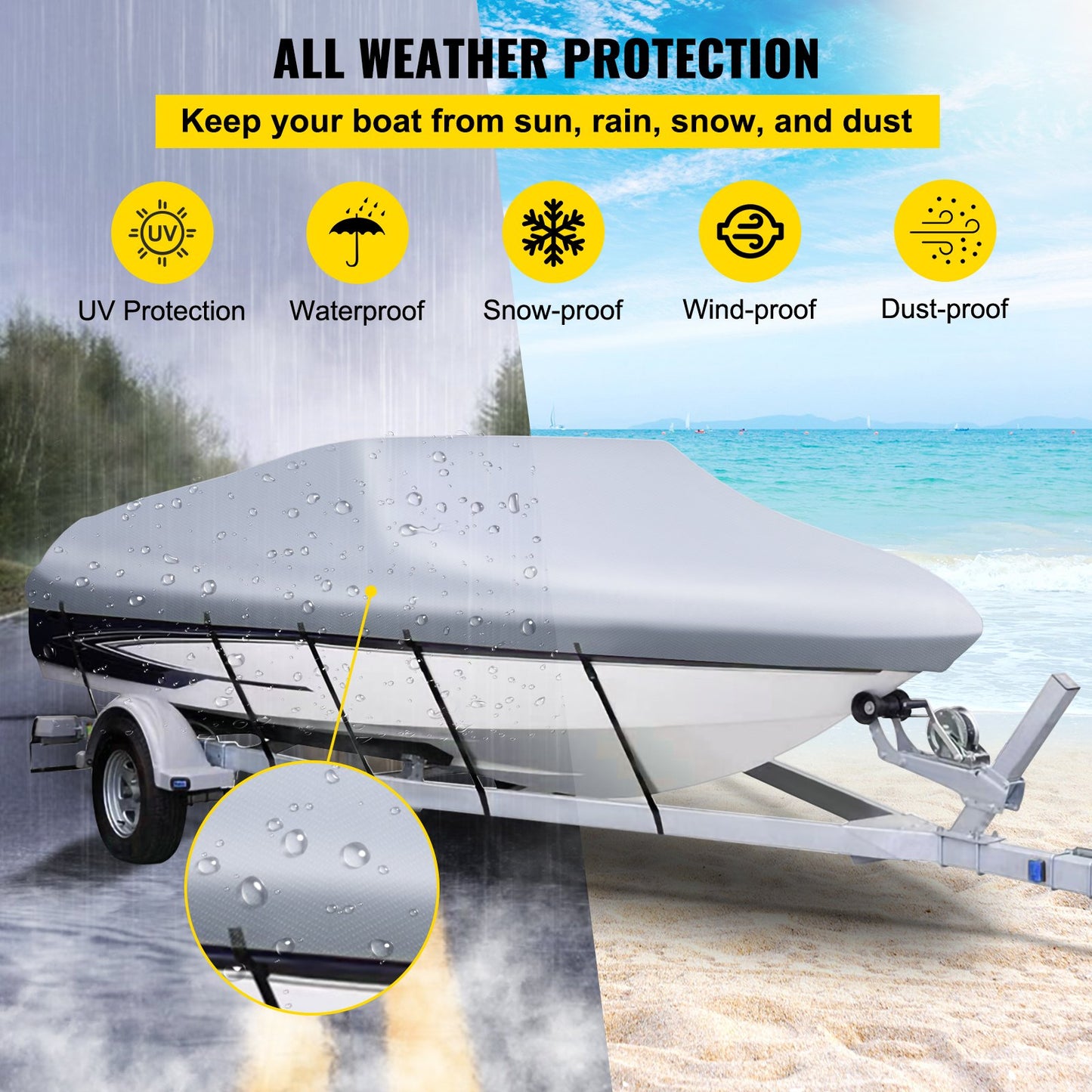Waterproof Boat Cover, 16'-18.5' Trailerable Boat Cover, Beam Width up to 98" v Hull Cover Heavy Duty 600D Marine Grade Polyester Mooring Cover for Fits V-Hull Boat with 5 Tightening Straps