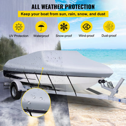 Waterproof Boat Cover, 16'-18.5' Trailerable Boat Cover, Beam Width up to 98" v Hull Cover Heavy Duty 600D Marine Grade Polyester Mooring Cover for Fits V-Hull Boat with 5 Tightening Straps