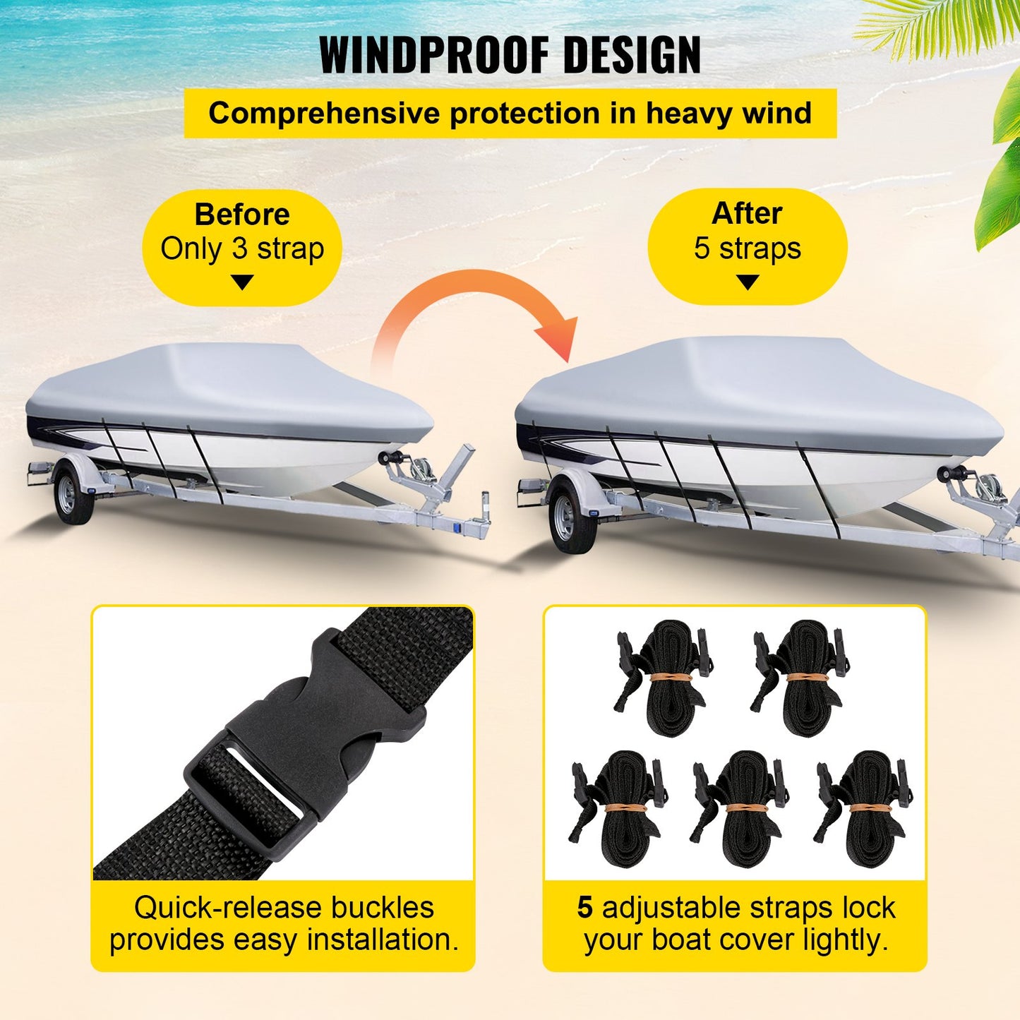 Waterproof Boat Cover, 16'-18.5' Trailerable Boat Cover, Beam Width up to 98" v Hull Cover Heavy Duty 600D Marine Grade Polyester Mooring Cover for Fits V-Hull Boat with 5 Tightening Straps
