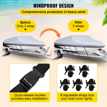 Waterproof Boat Cover, 16'-18.5' Trailerable Boat Cover, Beam Width up to 98" v Hull Cover Heavy Duty 600D Marine Grade Polyester Mooring Cover for Fits V-Hull Boat with 5 Tightening Straps