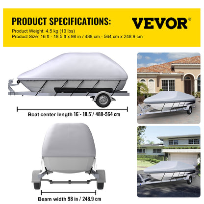 Waterproof Boat Cover, 16'-18.5' Trailerable Boat Cover, Beam Width up to 98" v Hull Cover Heavy Duty 600D Marine Grade Polyester Mooring Cover for Fits V-Hull Boat with 5 Tightening Straps