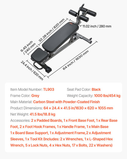 Sit Up Bench, Decline Ab Bench with Reverse Crunch Handle, with 4 Adjustable Height Settings, Heavy Duty Steel, 1000 Lbs Capacity, for Home Gym Workouts, Strength Training, Full Body Muscles