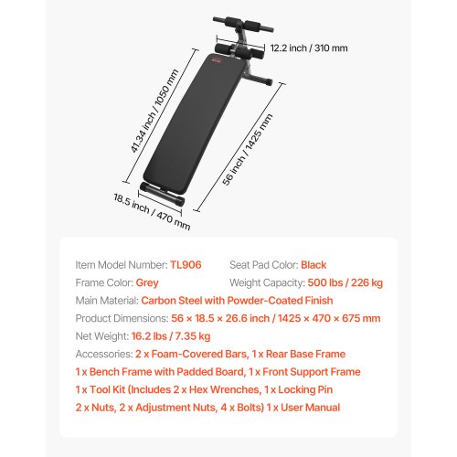 Sit Up-bänk, hopfällbar böjd, nedåtgående magbänk, med 5 justerbara höjdinställningar, kraftigt stål, halkfri design, 226 kg kapacitet för hemmagym, styrketräning, helkroppsmuskler |  EU