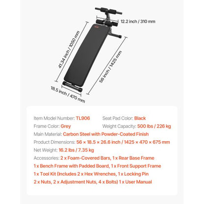 Sit Up-bänk, hopfällbar böjd, nedåtgående magbänk, med 5 justerbara höjdinställningar, kraftigt stål, halkfri design, 226 kg kapacitet för hemmagym, styrketräning, helkroppsmuskler |  EU