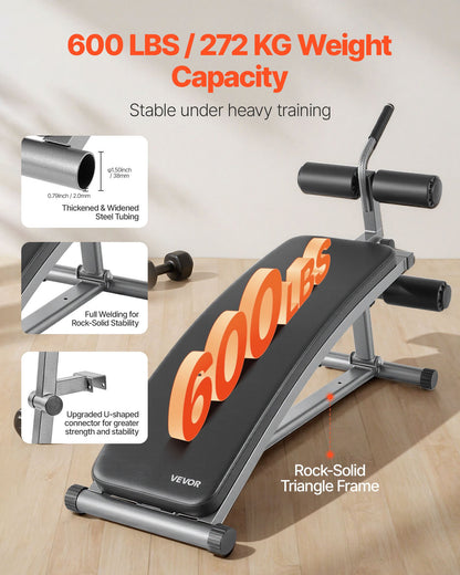 Sit Up Bench, Curved Decline Ab Bench with Reverse Crunch Handle, with 6 Adjustable Height Setting, Heavy Duty Steel, 600 Lbs Capacity for Home Gym Workouts, Strength Training, Full Body Muscles