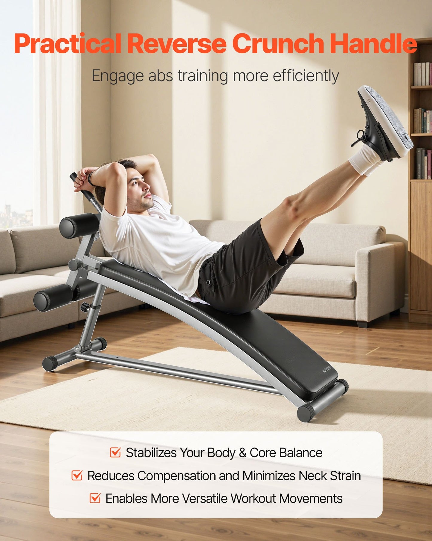 Sit Up Bench, Curved Decline Ab Bench with Reverse Crunch Handle, with 6 Adjustable Height Setting, Heavy Duty Steel, 600 Lbs Capacity for Home Gym Workouts, Strength Training, Full Body Muscles