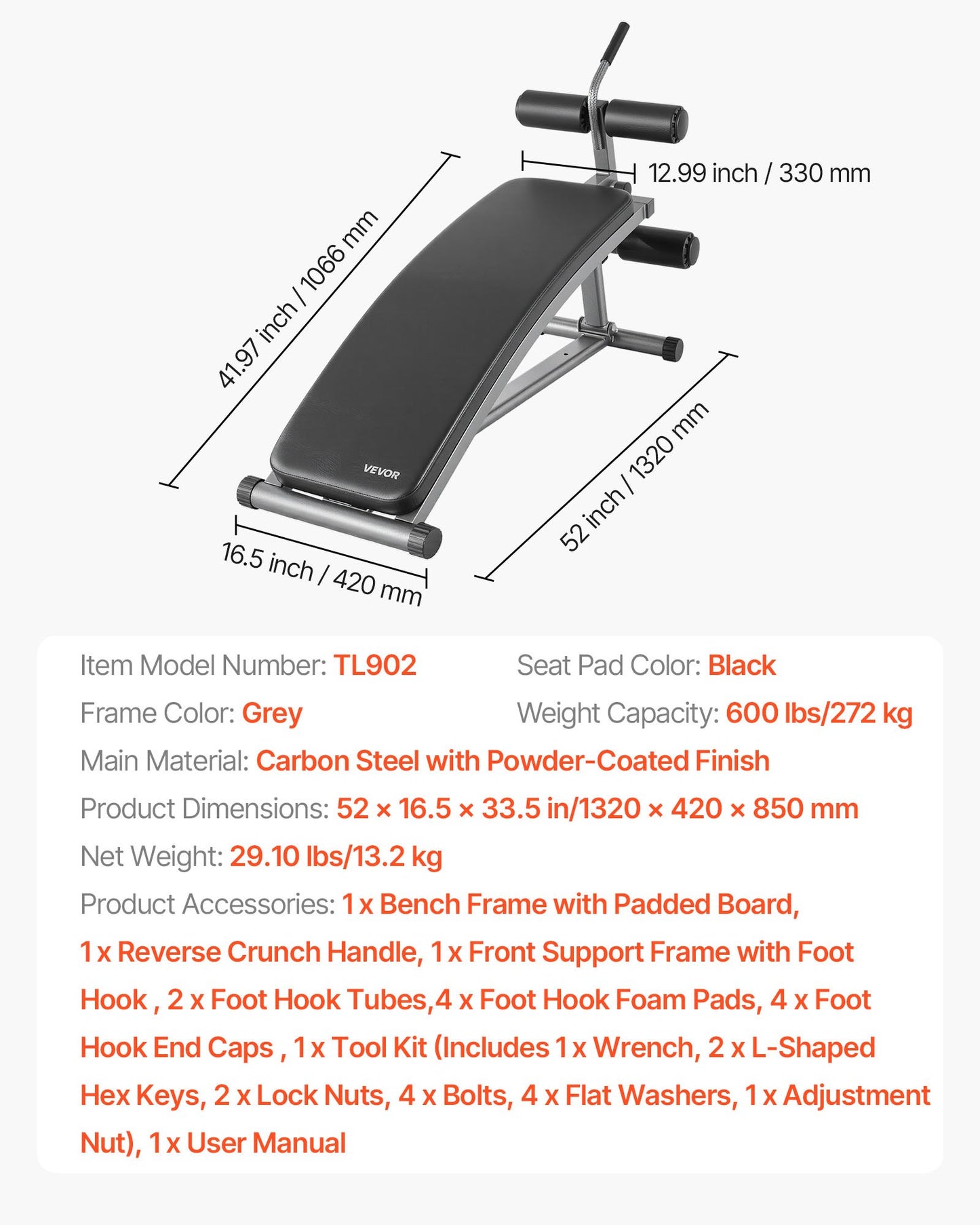 Sit Up Bench, Curved Decline Ab Bench with Reverse Crunch Handle, with 6 Adjustable Height Setting, Heavy Duty Steel, 600 Lbs Capacity for Home Gym Workouts, Strength Training, Full Body Muscles