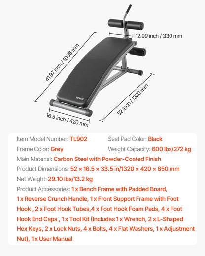 Sit Up Bench, Curved Decline Ab Bench with Reverse Crunch Handle, with 6 Adjustable Height Setting, Heavy Duty Steel, 600 Lbs Capacity for Home Gym Workouts, Strength Training, Full Body Muscles