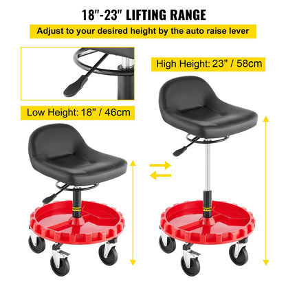 Shop Stool, 300 LBS Rolling Garage Stool, 22” to 26” Adjustable Height Mobile Rolling Gear Seat, Round Tray Garage Pneumatic Stool, All-Terrain 5\" Casters with Two Brakes Mechanic Seat
