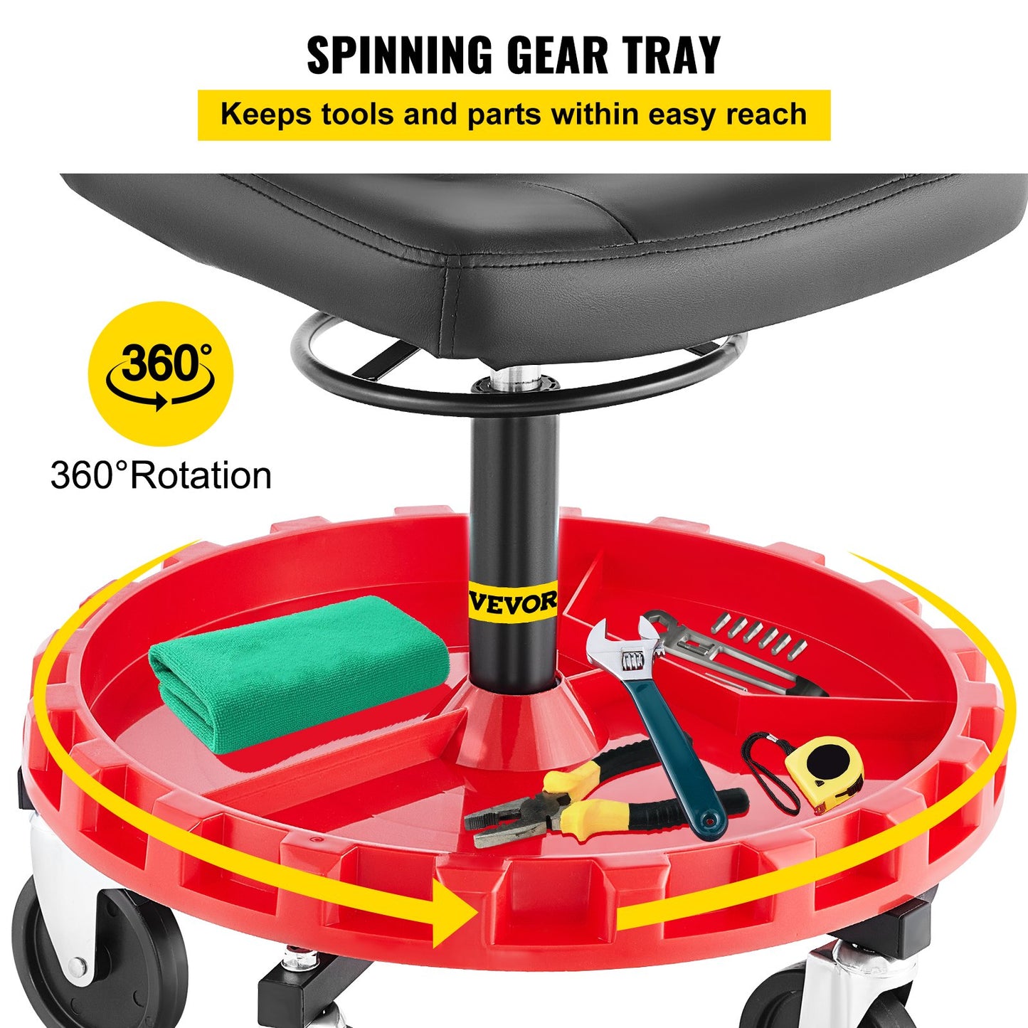 Shop Stool, 300 LBS Rolling Garage Stool, 22” to 26” Adjustable Height Mobile Rolling Gear Seat, Round Tray Garage Pneumatic Stool, All-Terrain 5\" Casters with Two Brakes Mechanic Seat