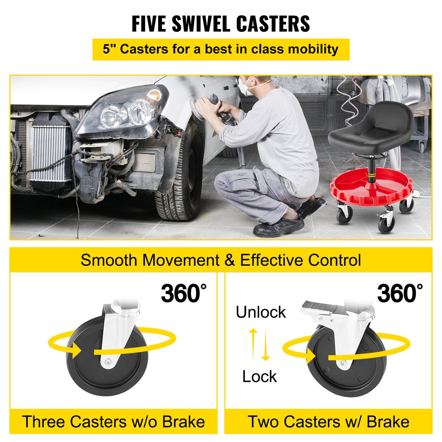 Shop Stool, 300 LBS Rolling Garage Stool, 22” to 26” Adjustable Height Mobile Rolling Gear Seat, Round Tray Garage Pneumatic Stool, All-Terrain 5\" Casters with Two Brakes Mechanic Seat