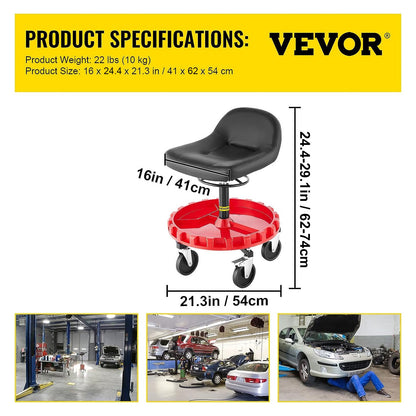 Shop Stool, 300 LBS Rolling Garage Stool, 22” to 26” Adjustable Height Mobile Rolling Gear Seat, Round Tray Garage Pneumatic Stool, All-Terrain 5\" Casters with Two Brakes Mechanic Seat