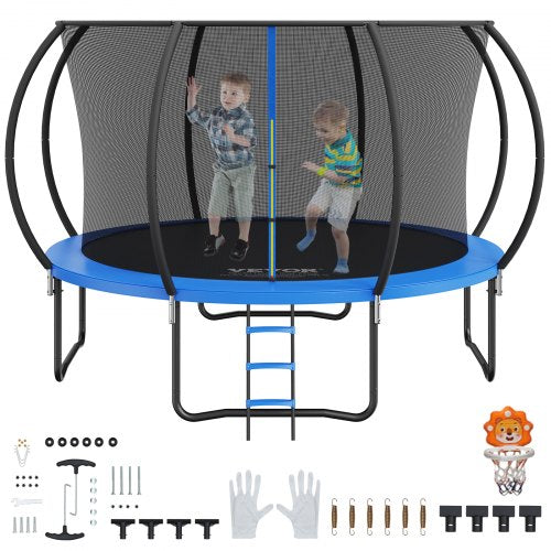 12FT Trampoline, 400 lbs Trampoline with Enclosure Net, Ladder, and Curved Pole, Heavy Duty Trampoline with Jumping Mat and Spring Cover Padding, Outdoor Recreational Trampolines for Kids Adults
