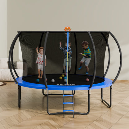 12FT Trampoline, 400 lbs Trampoline with Enclosure Net, Ladder, and Curved Pole, Heavy Duty Trampoline with Jumping Mat and Spring Cover Padding, Outdoor Recreational Trampolines for Kids Adults