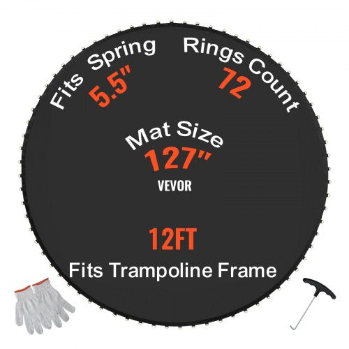 Replacement Trampoline Mat, Jumping Mat Fits 12ft Frame, Universal Jumping Mat for 12ft Round Trampoline, Reinforce UV-Resistant Mat with Spring Tool & Durable V-Rings, Fit 5.5" Spring Length