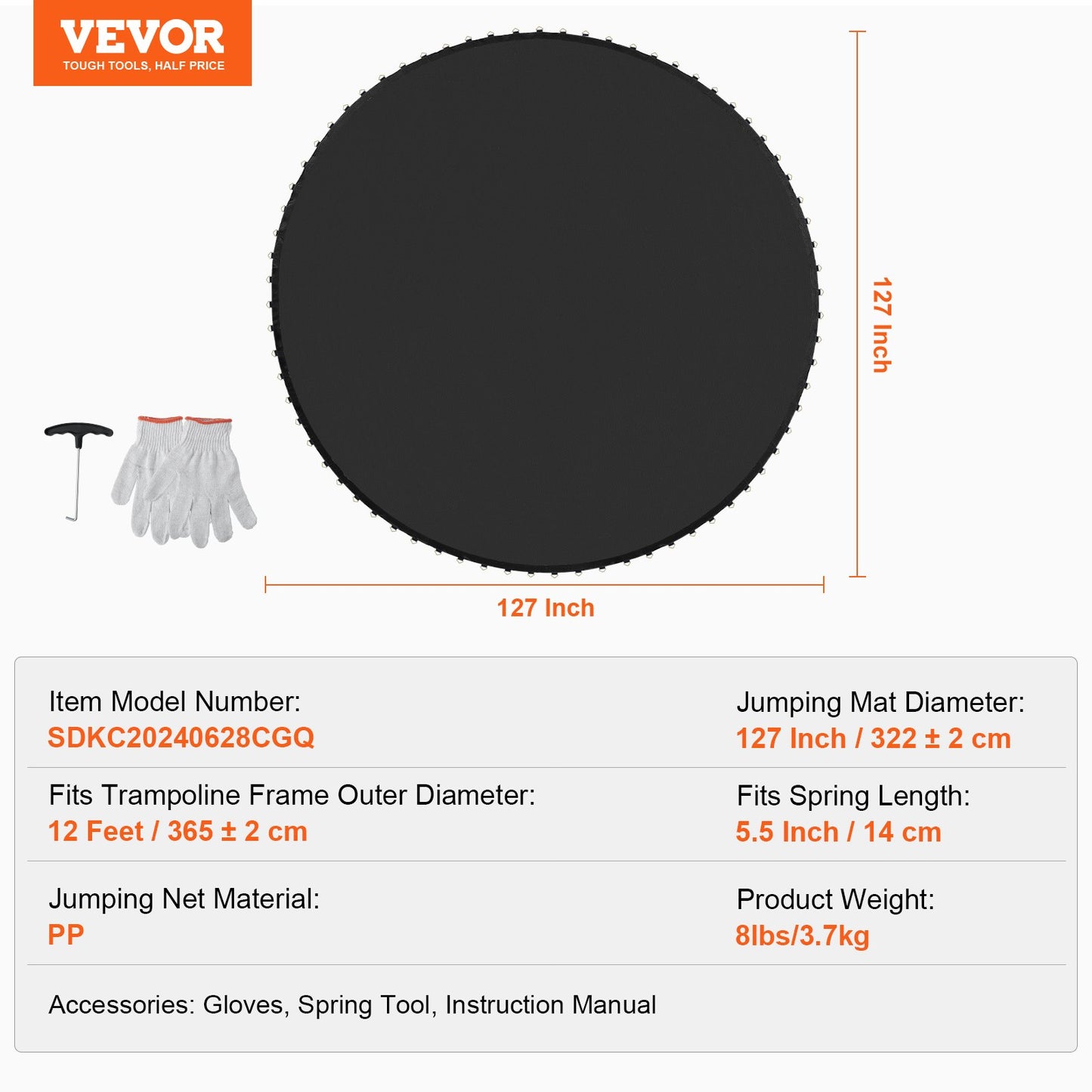 Ersatztrampolin passend für 12 Fuß Rahmen 72 V-Ringe 5,5" Federlänge