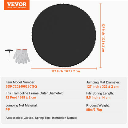 Replacement Trampoline Mat, Jumping Mat Fits 12ft Frame, Universal Jumping Mat for 12ft Round Trampoline, Reinforce UV-Resistant Mat with Spring Tool & Durable V-Rings, Fit 5.5" Spring Length