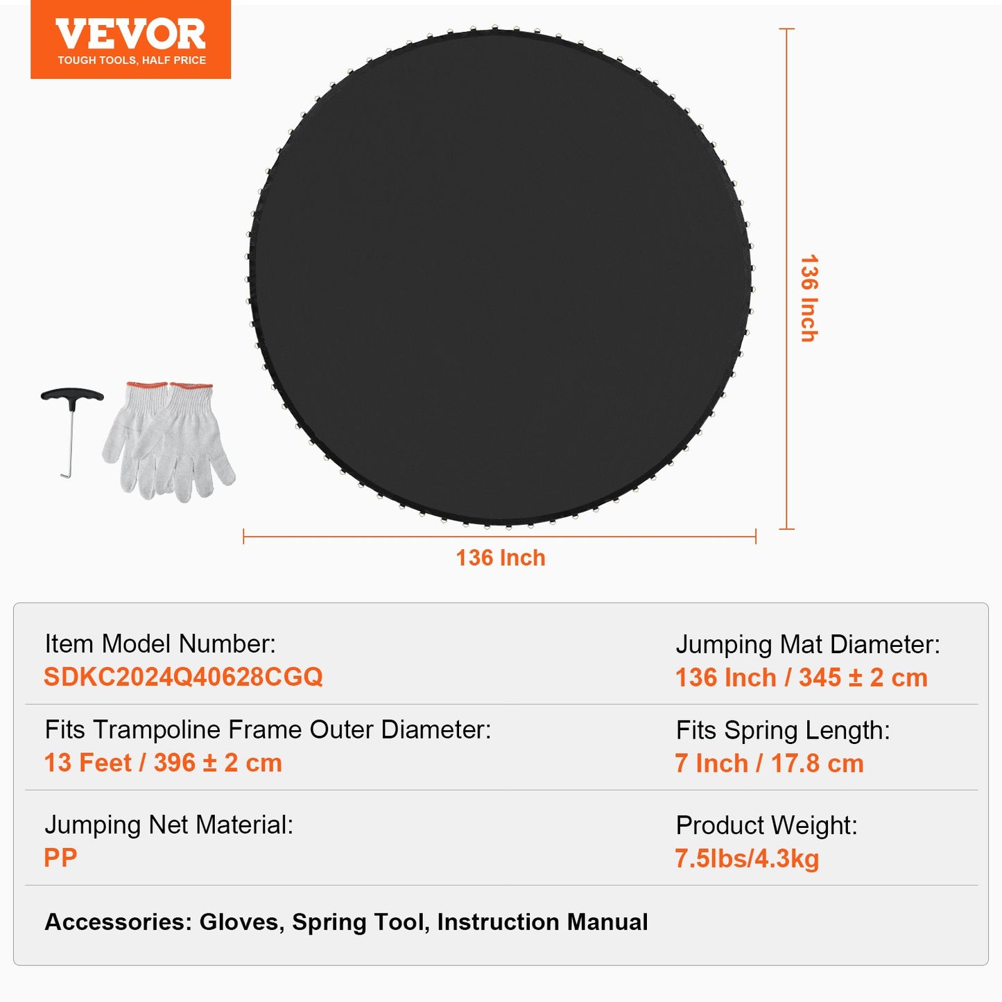 Replacement trampoline mat fits 13 foot frame 80 V-rings 7" spring length
