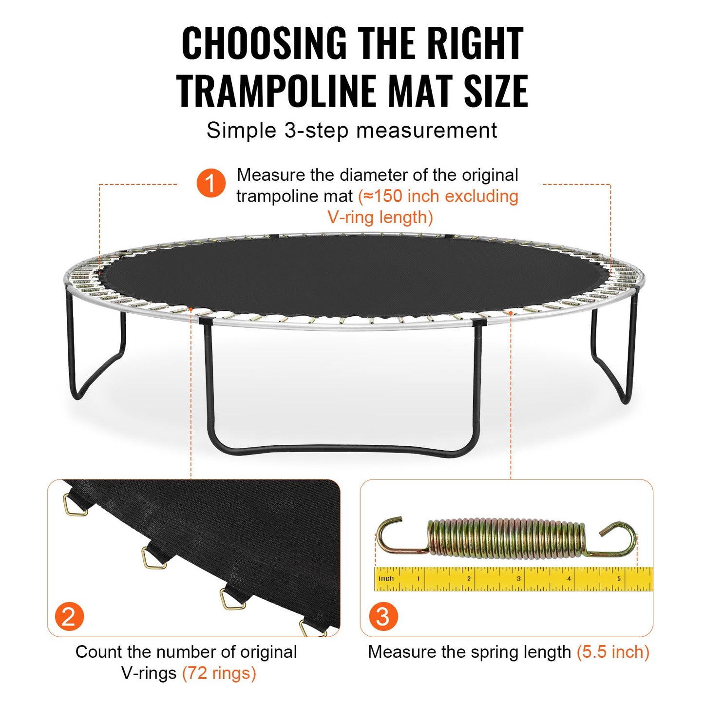 Replacement trampoline fits 14 foot frame 72 V-rings 5.5" spring length