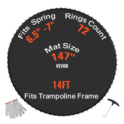 Replacement Trampoline Mat, Jumping Mat Fits 14ft Frame, Universal Jumping Mat for 14ft Round Trampoline, Reinforce UV-Resistant Mat with Spring Tool & Durable V-Rings, Fit 6.5"-7" Spring Length