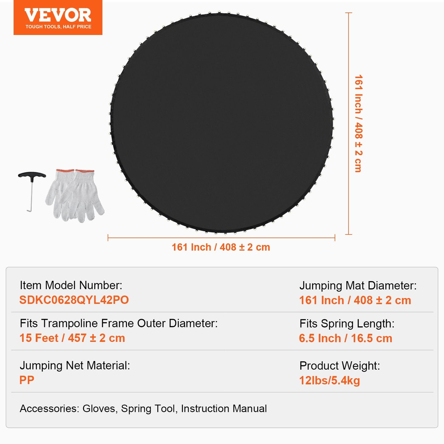 Replacement Trampoline Mat, Jumping Mat Fits 15ft Frame, Universal Jumping Mat for 15ft Round Trampoline, Reinforce UV-Resistant Mat with Spring Tool & Durable V-Rings, Fit 6.5" Spring Length