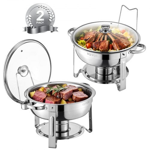 Chafing Dish Buffet Set, 5 Qt 2 Pack, Stainless Steel Chafer with 2 Full Size Pan, Round Catering Warmer Server with Glass Lid Water Pan Folding Stand Fuel Holder, for Wedding Party Banquet, Silver