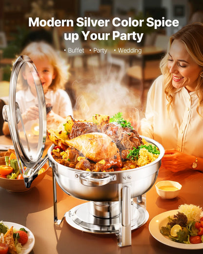 Chafing Dish Buffet Set, 5 Qt 2 Pack, Stainless Steel Chafer with 2 Full Size Pan, Round Catering Warmer Server with Glass Lid Water Pan Folding Stand Fuel Holder, for Wedding Party Banquet, Silver