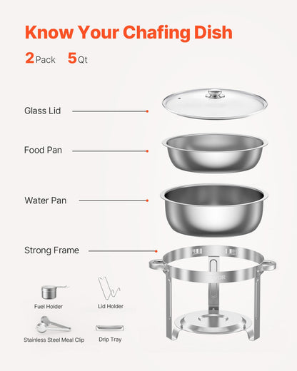 Chafing Dish Buffet Set, 5 Qt 2 Pack, Stainless Steel Chafer with 2 Full Size Pan, Round Catering Warmer Server with Glass Lid Water Pan Folding Stand Fuel Holder, for Wedding Party Banquet, Silver