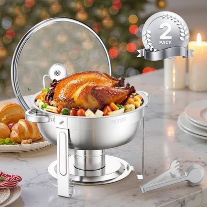 Chafing Dish Buffet Set, 5 Qt 2 Pack, Stainless Steel Chafer with 2 Full Size Pan, Round Catering Warmer Server with Glass Lid Water Pan Folding Stand Fuel Holder, for Wedding Party Banquet, Silver
