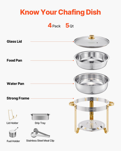 5 Qt 4er-Pack Runde Chafing Dishes Buffet-Set Pfanne in voller Größe Edelstahl