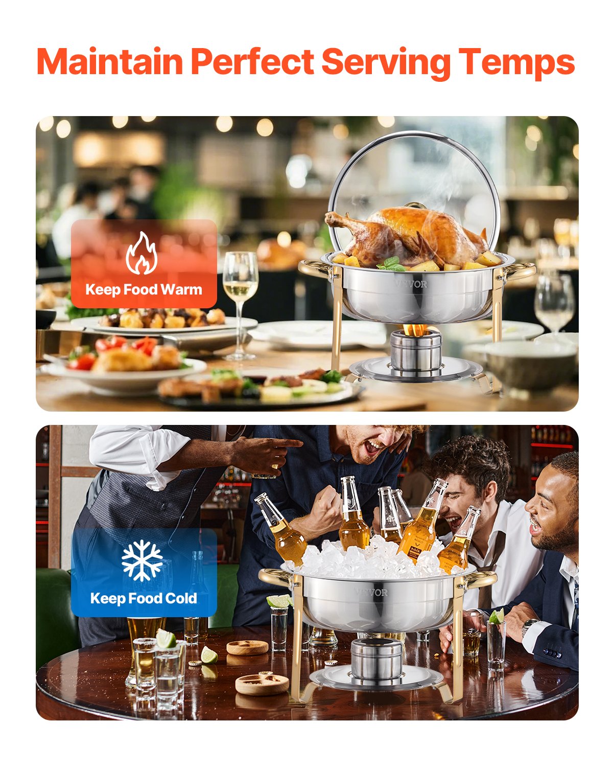 Chafing Dish Buffet Set, 5 Qt 4 Pack, Stainless Steel Chafer with 4 Full Size Pan, Round Catering Warmer Server with Glass Lid Water Pan Folding Stand Fuel Holder, for Wedding Party Banquet, Gold