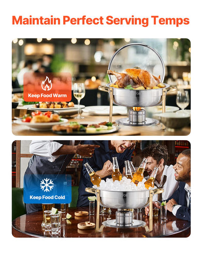 Chafing Dish Buffet Set, 5 Qt 4 Pack, Stainless Steel Chafer with 4 Full Size Pan, Round Catering Warmer Server with Glass Lid Water Pan Folding Stand Fuel Holder, for Wedding Party Banquet, Gold