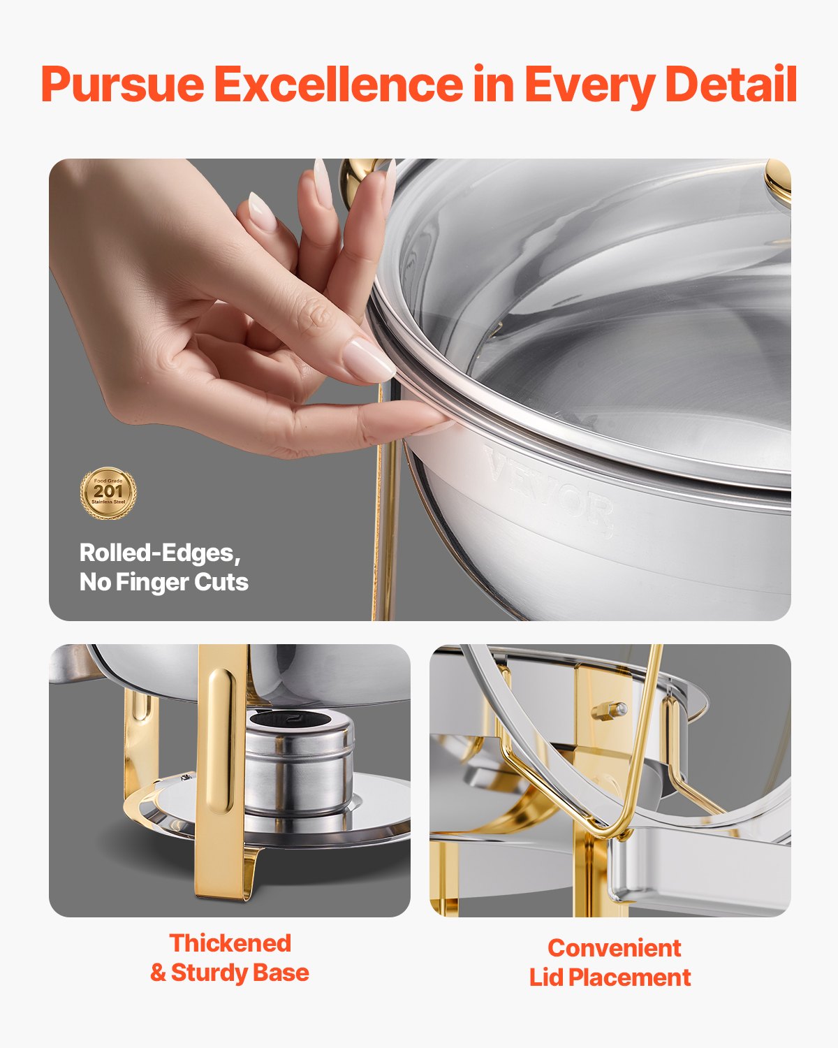 Chafing Dish Buffet Set, 5 Qt 4 Pack, Stainless Steel Chafer with 4 Full Size Pan, Round Catering Warmer Server with Glass Lid Water Pan Folding Stand Fuel Holder, for Wedding Party Banquet, Gold